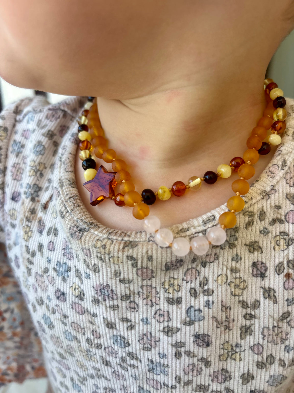Amber Necklace Raw Honey &Rose Quartz